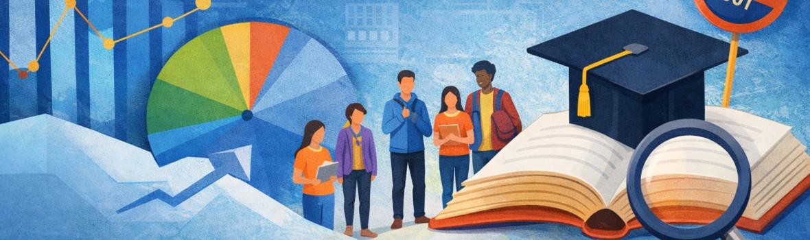 Illustrazione su dati, università e studenti Illustrazione su dati, università e studenti